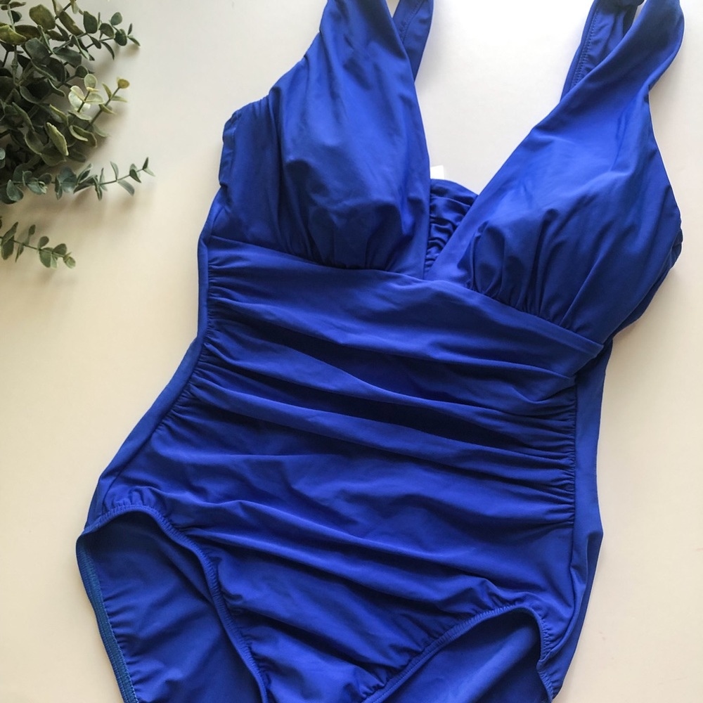 Lands’ End blue one piece rouched swimsuit